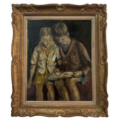 Tableau Enfants à la lecture - Huile sur toile - S.Maumus