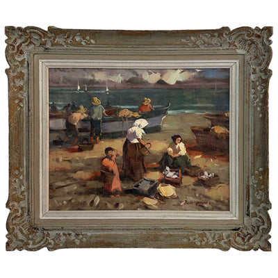 Huile sur toile Retour de pêche sur la côte bretonne  P.Njarinha  vers 1890