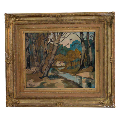 Tableau Sous-bois jurassien au bord du moulin - Huile sur toile - E.Laroux - 1915