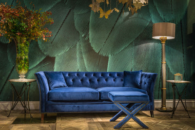 Capri Banquette Bleu visuel d'ambiance dans un salon devant un canapé