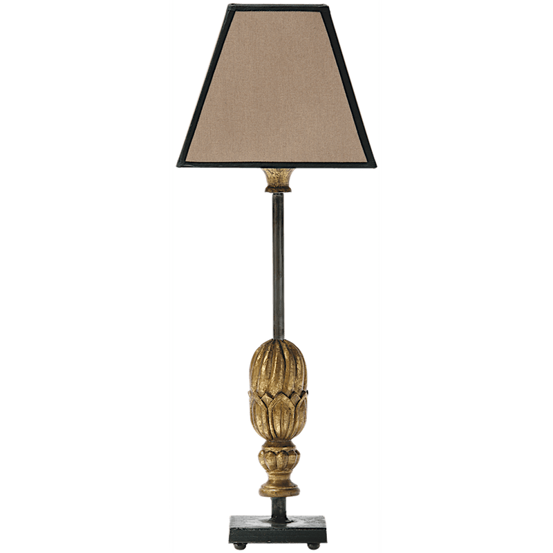 Insolite Lampe en bois dorée numéro 1 présentée avec abat-jour