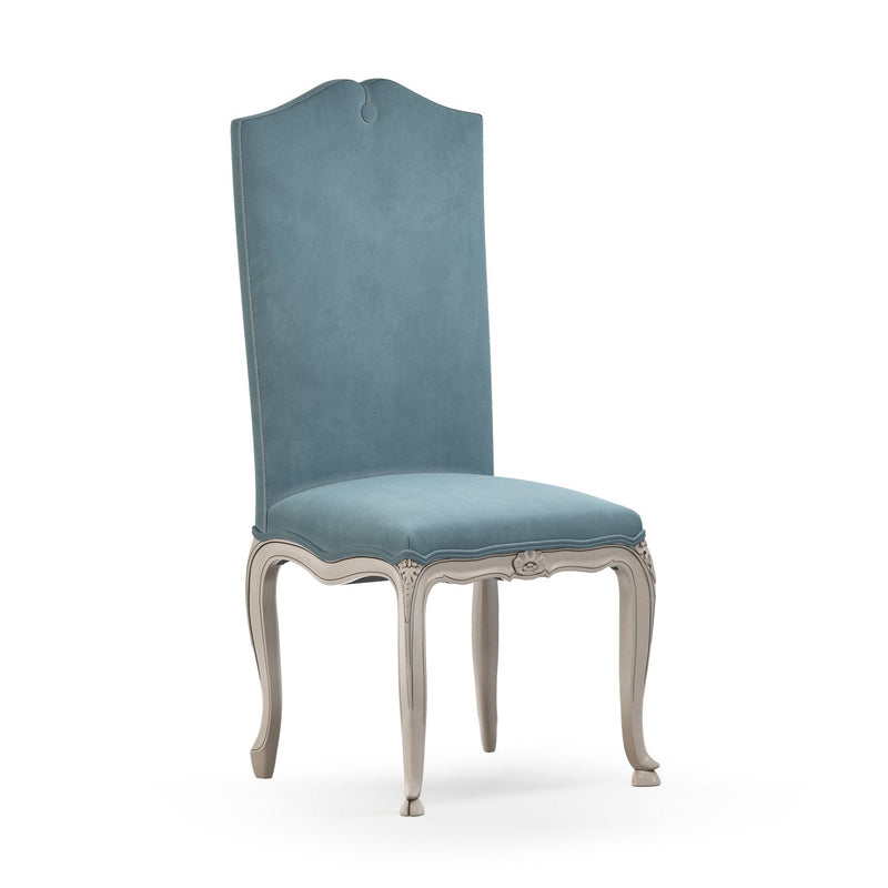 Brienne Chaise haute avec boutons patine Trianon couleur Velours bleu Denim vue 3/4 