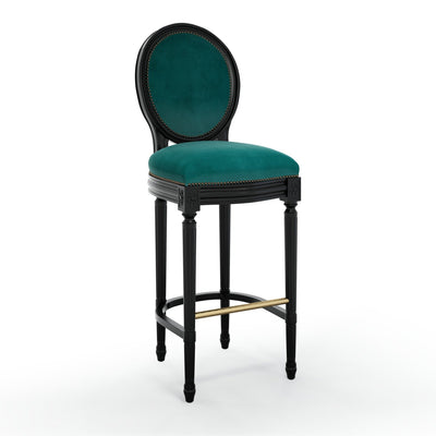 Figeac Chaise de bar cloutée patine Ebène couleur Velours Pétrole vue de côté