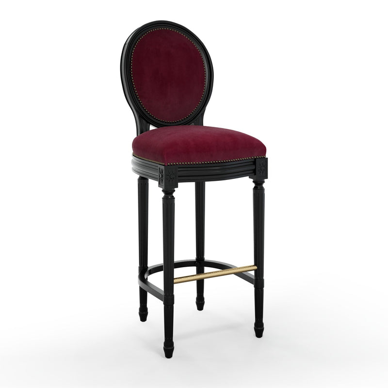 Figeac Chaise de bar cloutée patine Ebène couleur Velours Grenat vue de côté