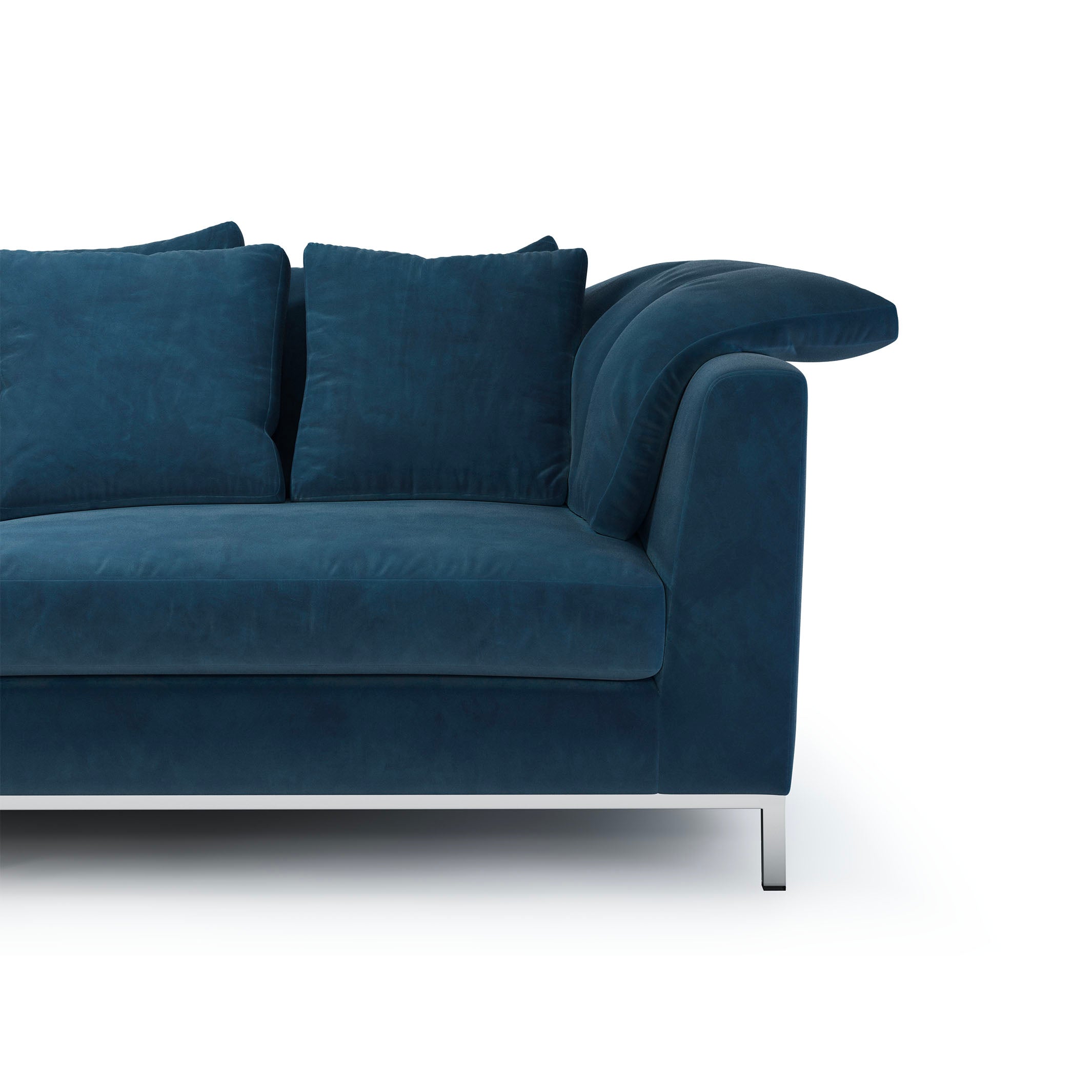 Raspail Canapé 3,5 places pieds chromés Velours bleu Saphir vue zoomée