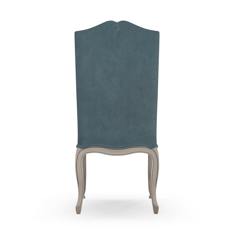 Brienne Chaise haute avec boutons patine Trianon couleur Velours bleu vue de dos